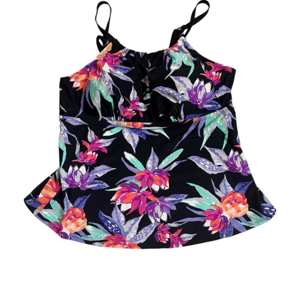Plus Size 20W Tropical Floral Tankini Swim Top Padded Adjustable Straps Black